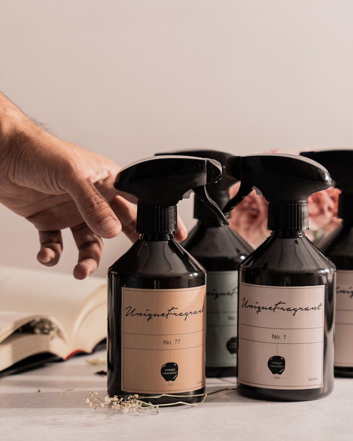 Hand selectively reaching a modern fragrance bottle with elegant design on a table.